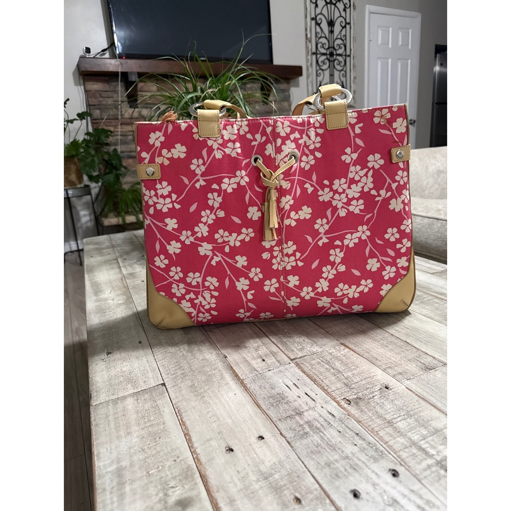 Bath & Body Works Pink Cherry Blossom Floral Canvas Tote Bag Tan Trim Large